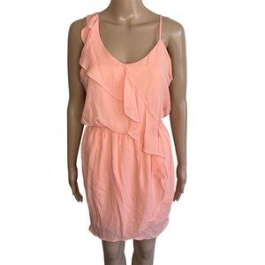 Buttons Solid Light Peach Round Neck Ruffle Front Sleeveless Lined Mini Dress